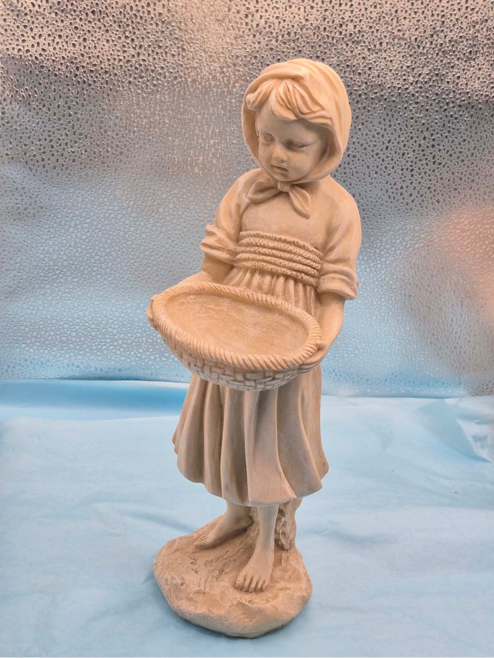 Vintage Garden Yard Statue Birdbath Bird Feeder Country Girl Holding Basket 12in